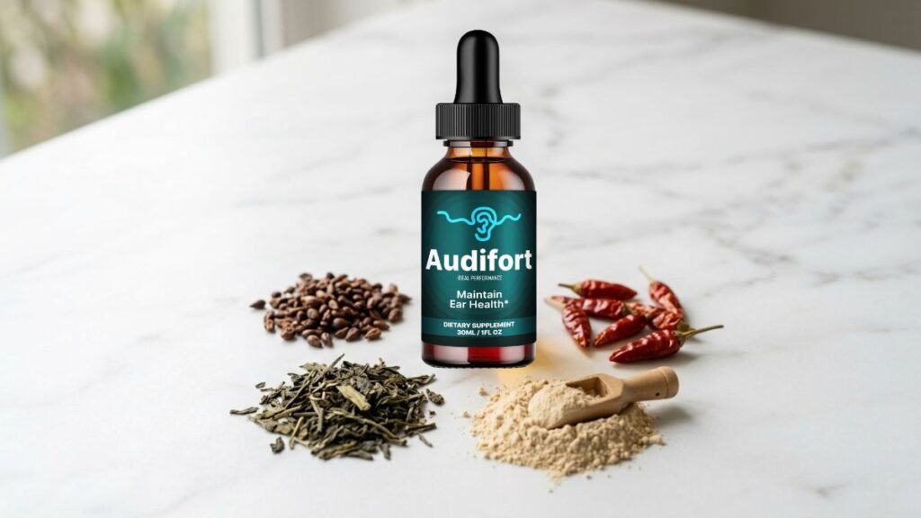 Natural herbal supplement dropper bottle with grape seed, green tea and maca root ingredients