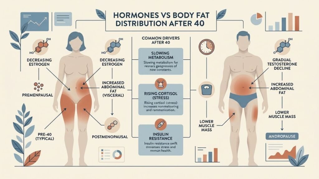 fat redistribution diagram showing hormonal changes after 40