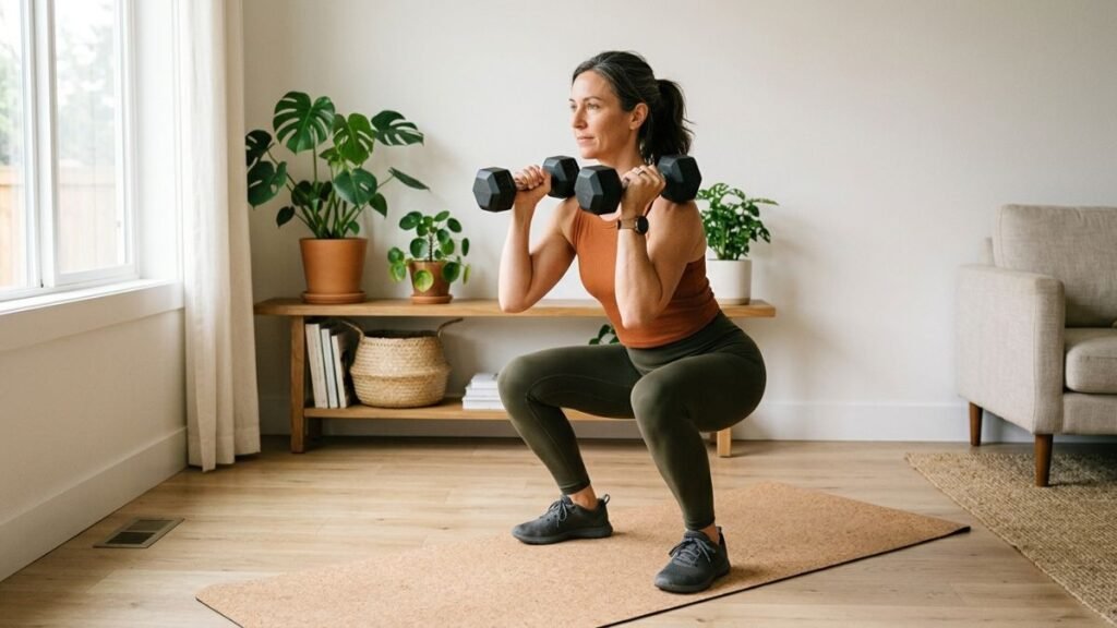 woman over 40 doing resistance training at home