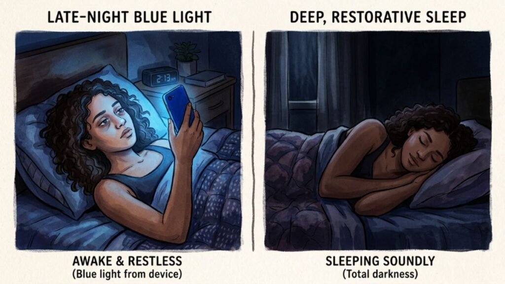 Blue light exposure disrupting sleep and causing weight gain after 40