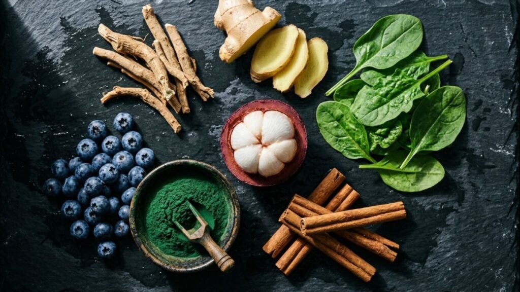 Natural metabolism-boosting ingredients including mangosteen, ashwagandha, ginger and spirulina