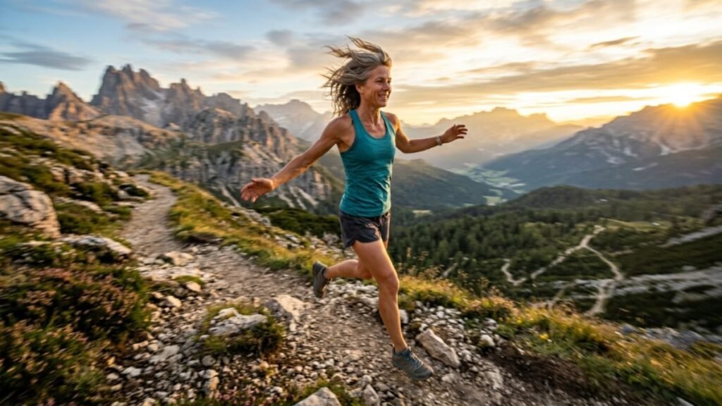 Woman over 40 with high energy and active metabolism running outdoors