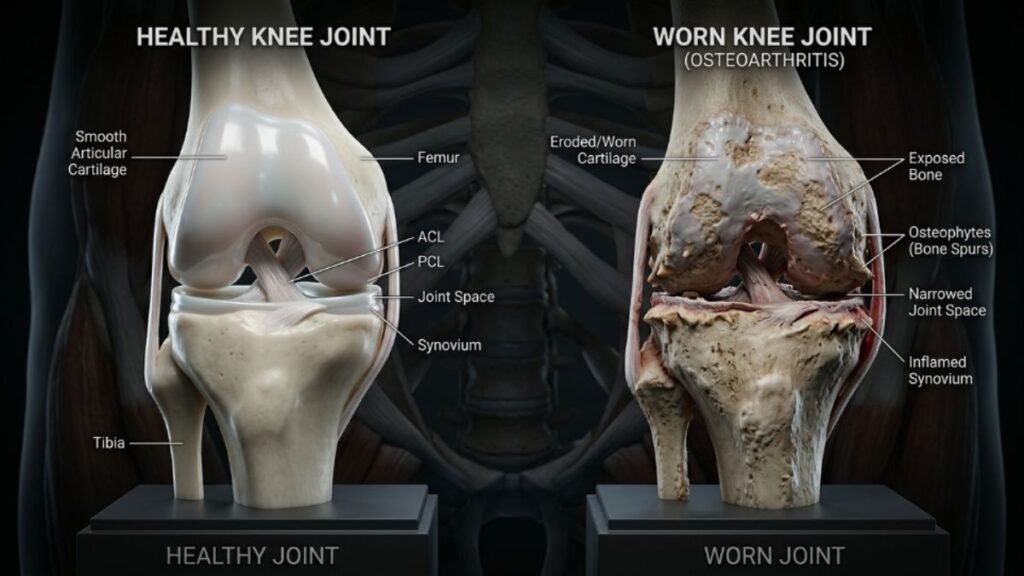 Joint Glide Review: Does This Joint Supplement Actually Work? 2 Illustration of healthy and worn joints for comparison