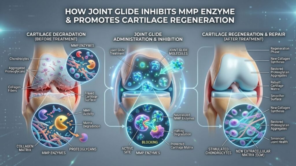 Joint Glide Review: Does This Joint Supplement Actually Work? 3 Infographic explaining how Joint Glide inhibits the MMP enzyme and promotes cartilage regeneration