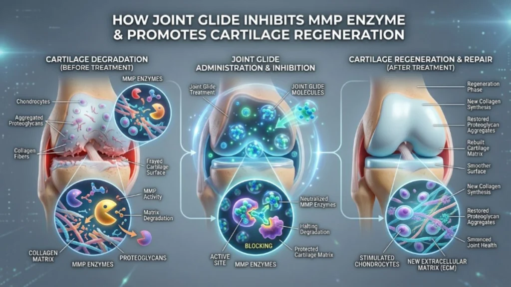Infographic explaining how Joint Glide inhibits the MMP enzyme and promotes cartilage regeneration