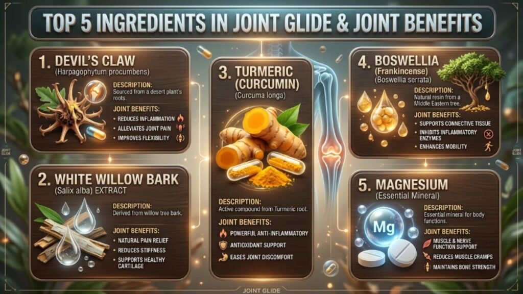 Joint Glide Review: Does This Joint Supplement Actually Work? 5 Infographic on the main ingredients in Joint Glide and their benefits