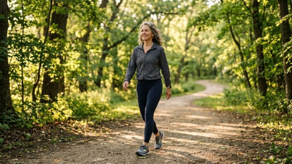 woman over 40 walking outdoors to naturally boost energy