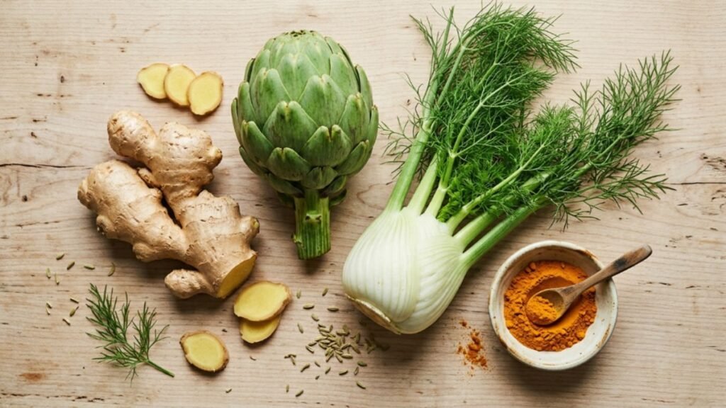 Flat-lay of ginger artichoke and fennel — natural botanicals for digestion