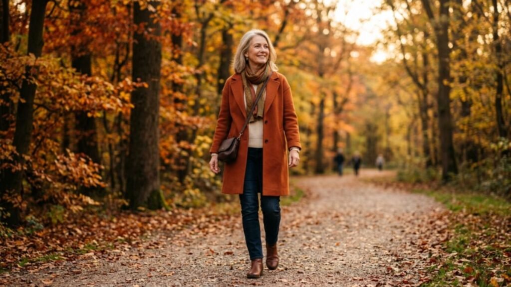 Mature woman walking gently outdoors after eating to ease bloating