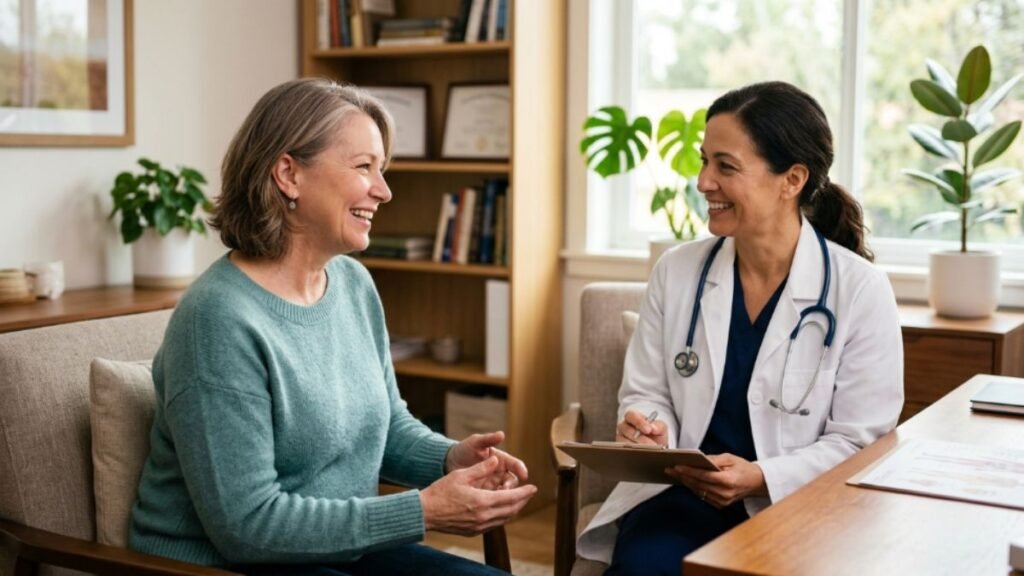 Older woman talking calmly with her doctor about persistent bloating