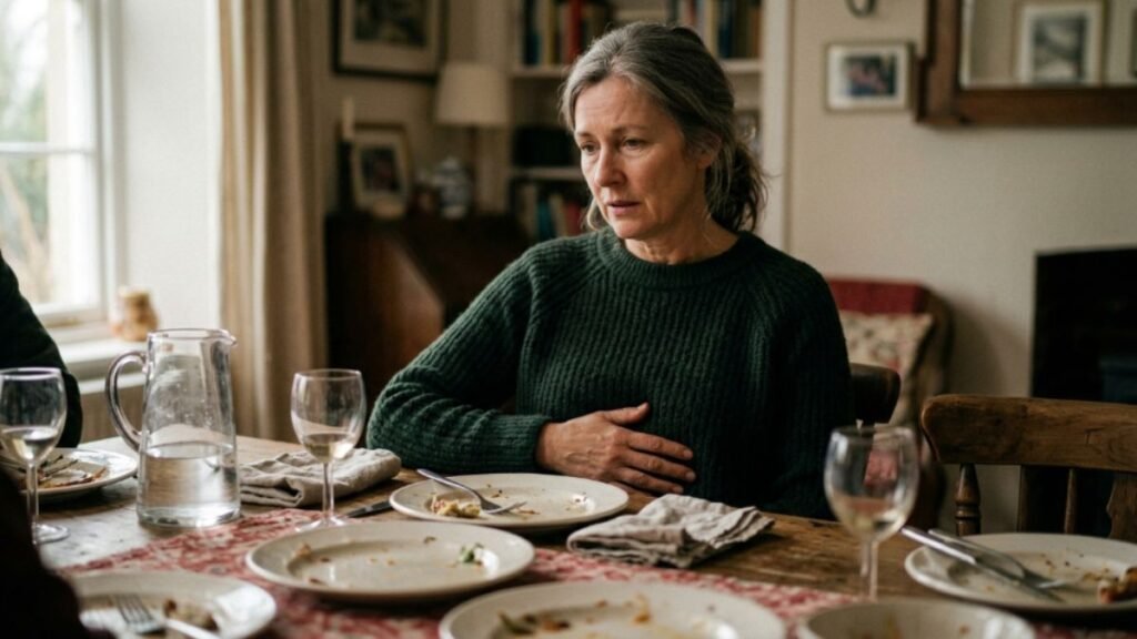 Woman over 50 experiencing discomfort and bloating after a meal