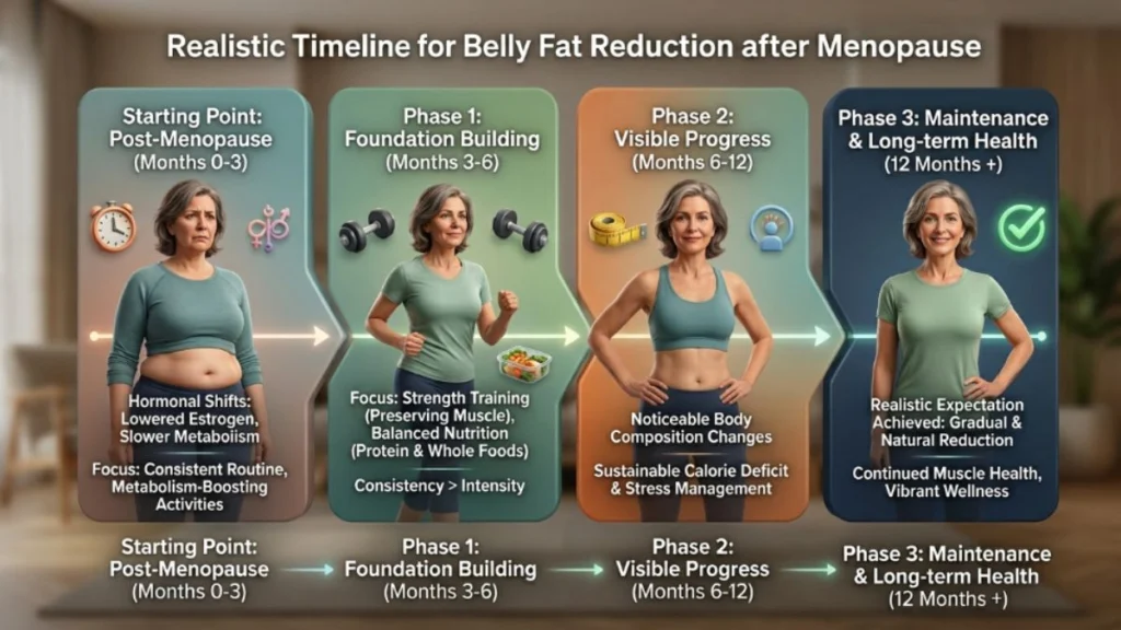 belly fat reduction timeline after menopause realistic expectations