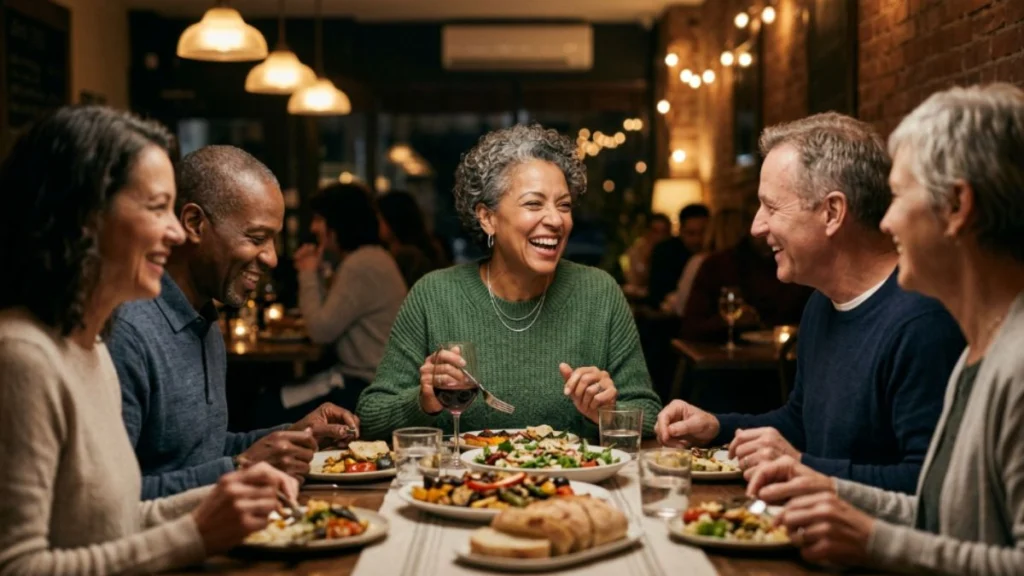 comfortable older woman enjoying a meal without digestive discomfort