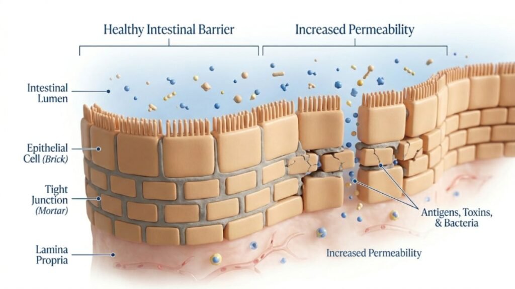 diagram of intestinal tight junctions and gut barrier after age 50