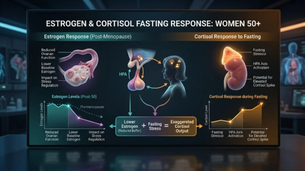 Intermittent Fasting After 50 Women Hormones: What Changes and What Still Works 3 estrogen cortisol fasting response women over 50 hormones diagram