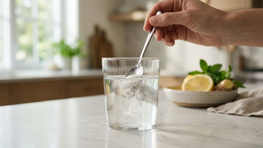 glass of water with L-glutamine powder for gut barrier support