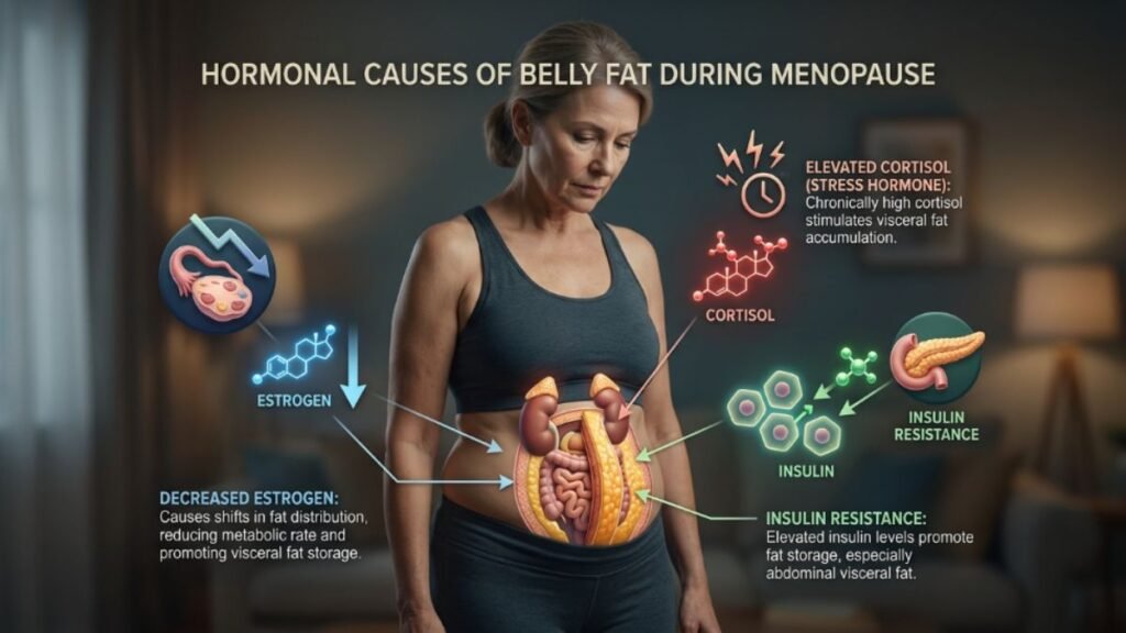 Belly Fat After Menopause Metabolism: Why Your Body Changed and What You Can Do 2 hormonal causes belly fat menopause estrogen insulin cortisol diagram