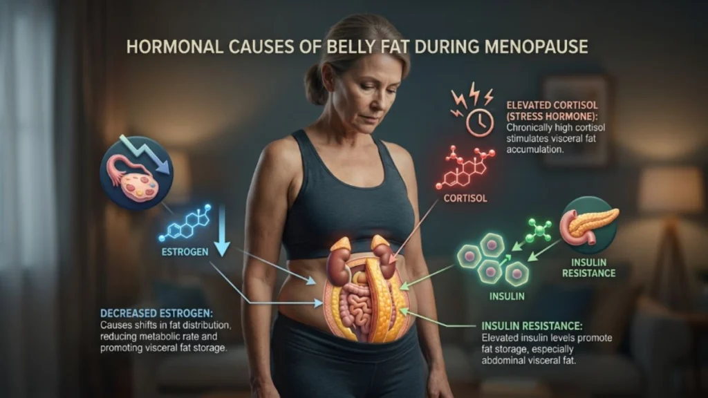 hormonal causes belly fat menopause estrogen insulin cortisol diagram