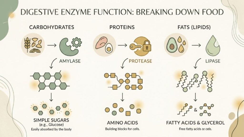 Digestive Enzymes After 50: What Your Gut Really Needs 2 how digestive enzymes break down protein fats and carbohydrates diagram