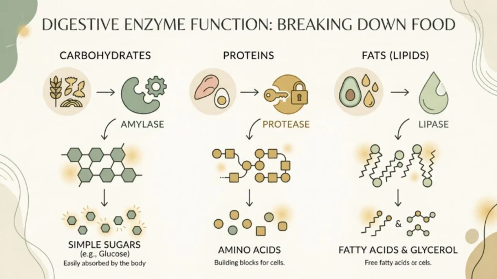 how digestive enzymes break down protein fats and carbohydrates diagram