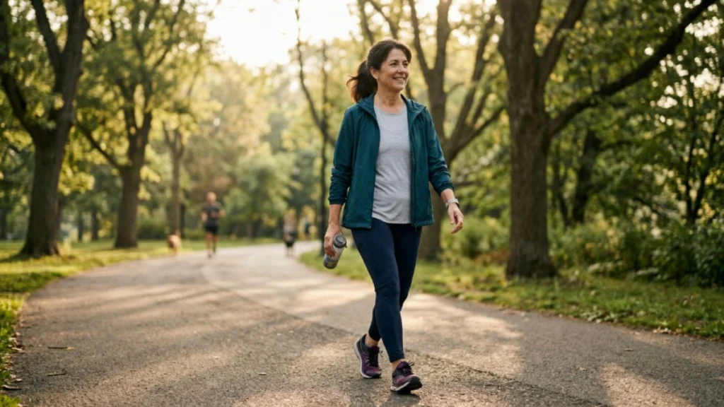 older woman walking outdoors to support healthy digestion