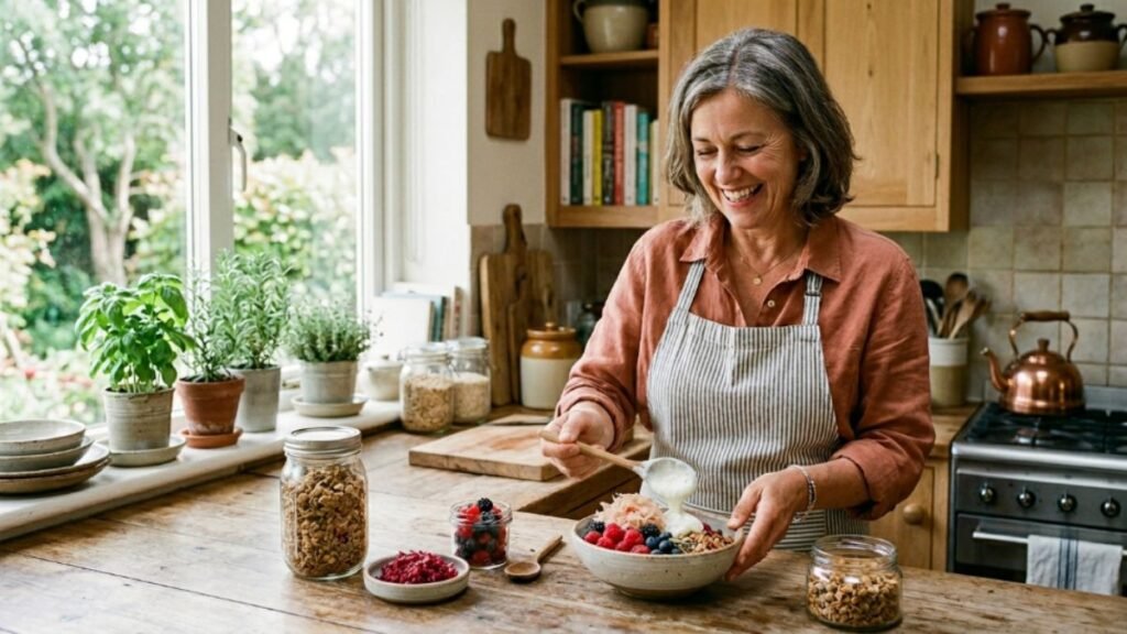 woman over 50 enjoying gut-friendly fermented foods at breakfast