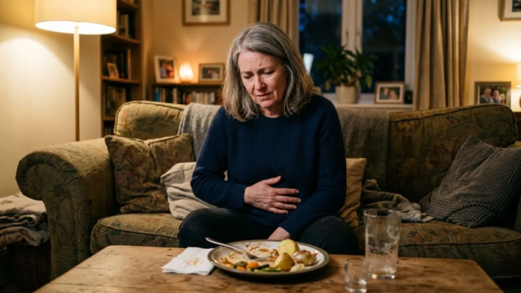 woman over 50 feeling bloated and uncomfortable after a meal