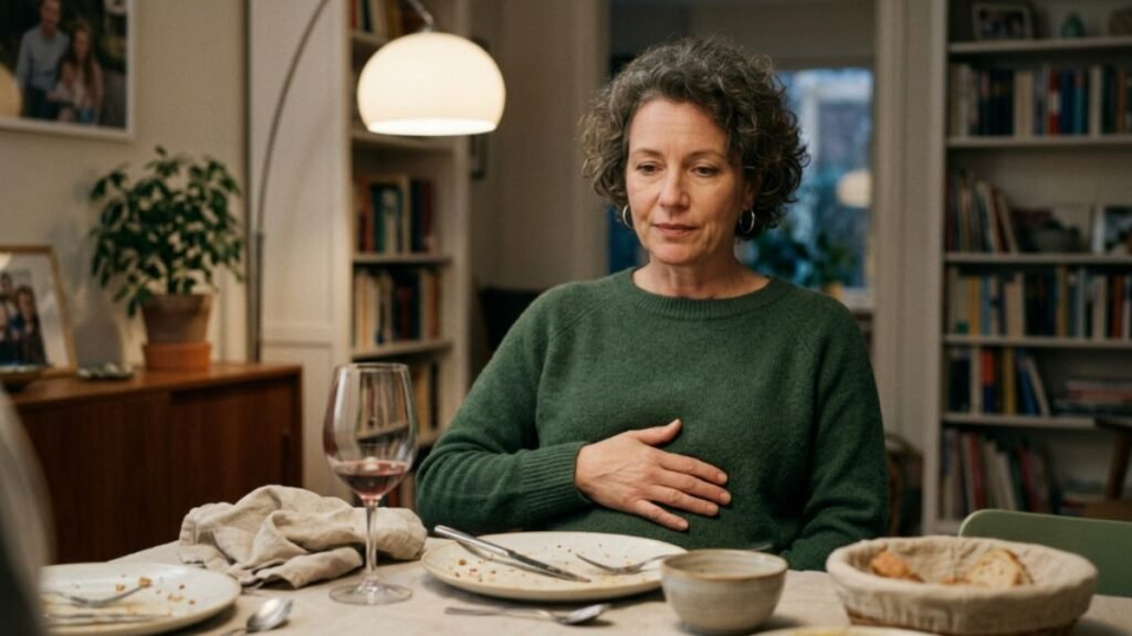woman over 50 holding stomach with mild bloating discomfort