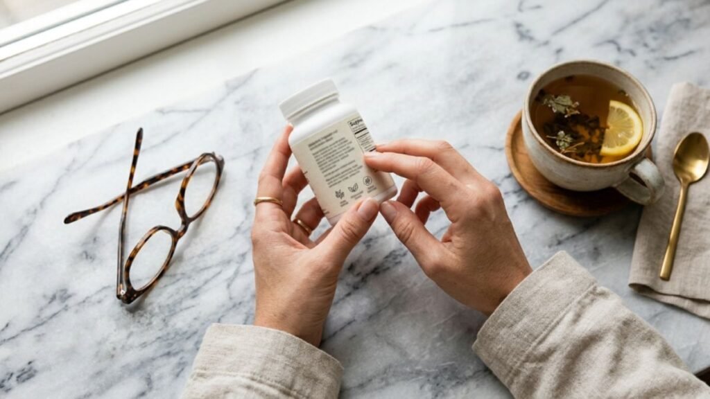 woman over 50 reading a probiotic supplement label carefully